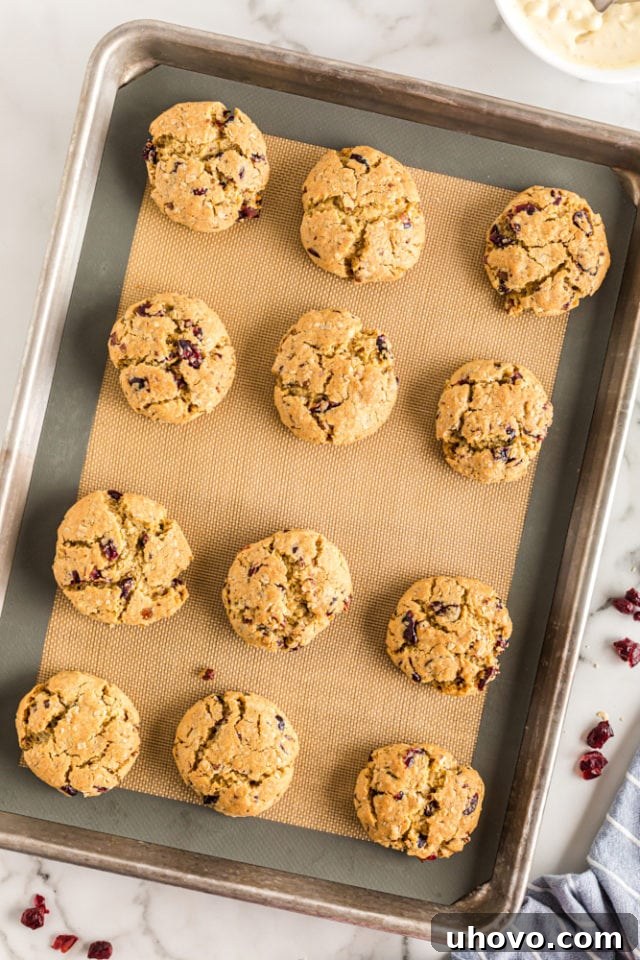 An overhead view of freshly baked oatmeal cranberry cookies, golden-brown and fragrant, cooling on a silicone-lined baking sheet before being transferred to a wire rack for complete cooling and white chocolate drizzling.