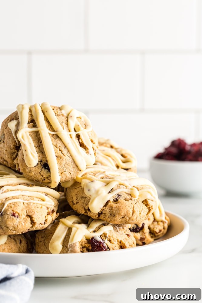A generous pile of golden-brown oatmeal cranberry cookies, artfully drizzled with white chocolate, presented on a pristine white plate, ready to be enjoyed as a delightful treat.