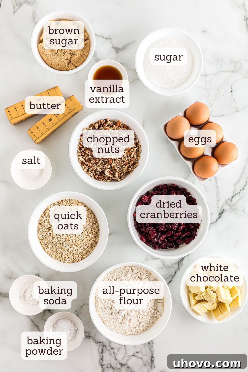 An inviting overhead view of all the essential ingredients meticulously laid out for crafting oatmeal cranberry cookies, showcasing their freshness and quality before baking.