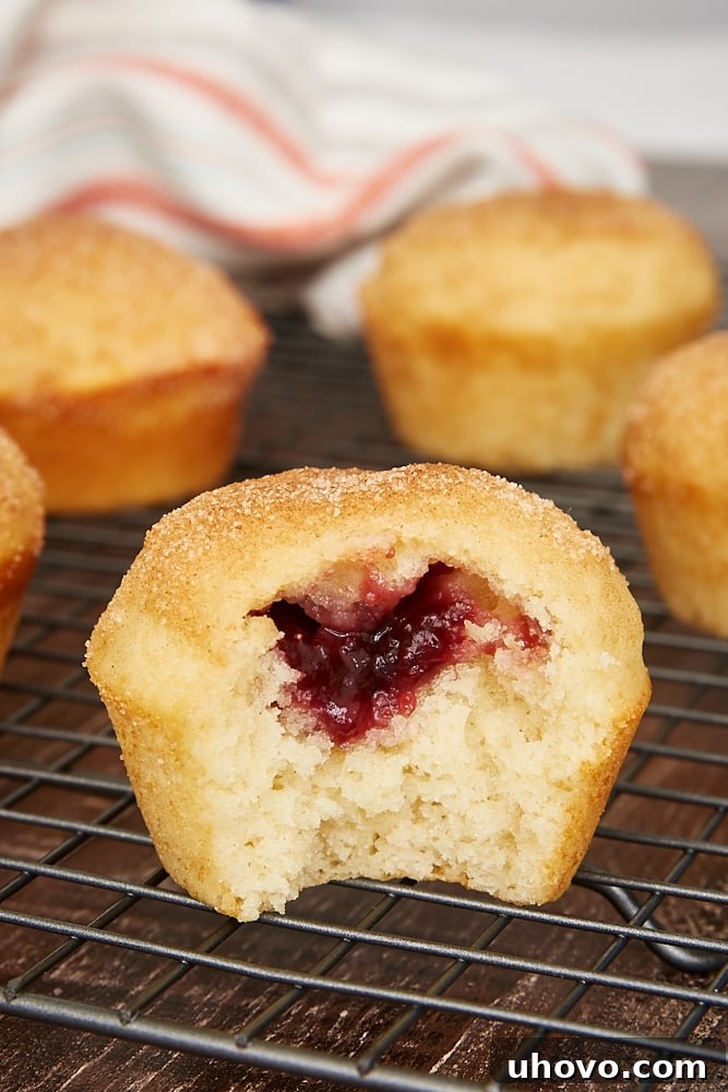 A jam-filled doughnut muffin, cut open to reveal the fruity filling and cinnamon-sugar topping, perfect for breakfast or a snack.