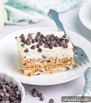 a slice of cannoli icebox cake on a white plate