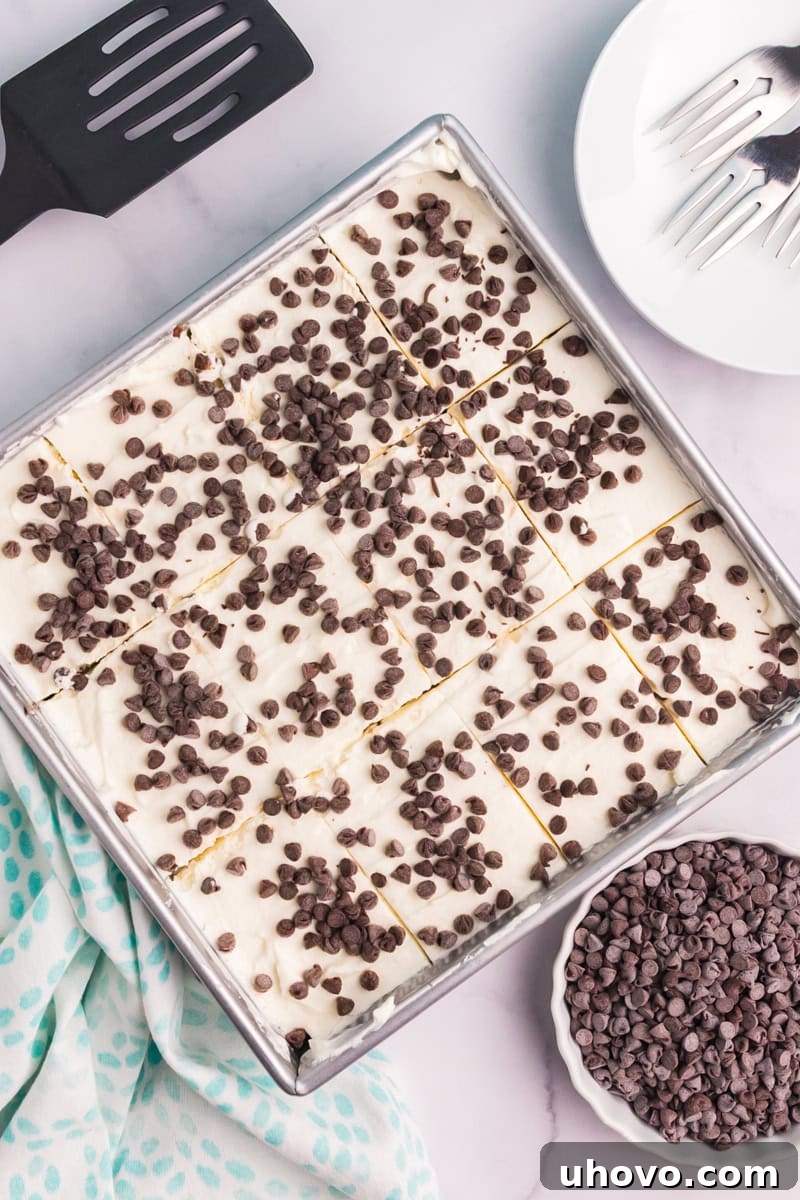 overhead view of cannoli icebox cake in a square pan