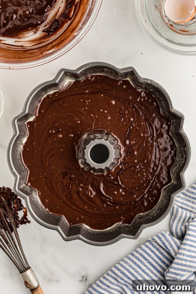 Overhead view of chocolate cake batter in Bundt pan