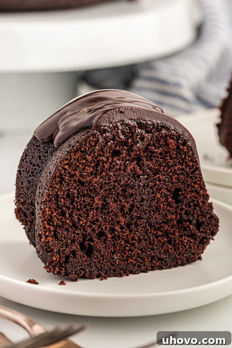 Slice of chocolate sour cream Bundt cake on white plate