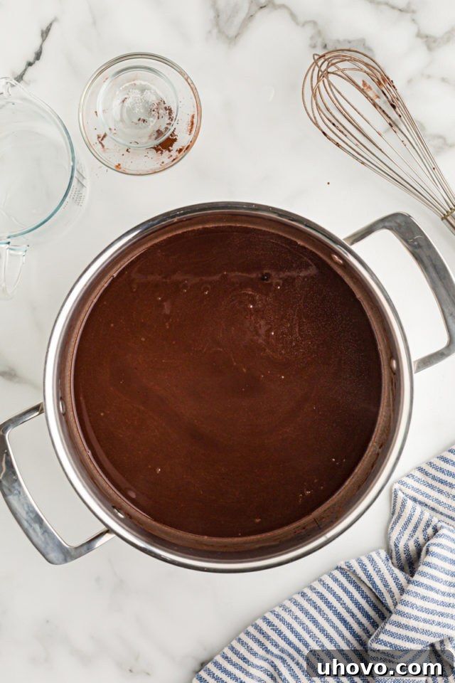 Overhead view of melted chocolate mixture in pan
