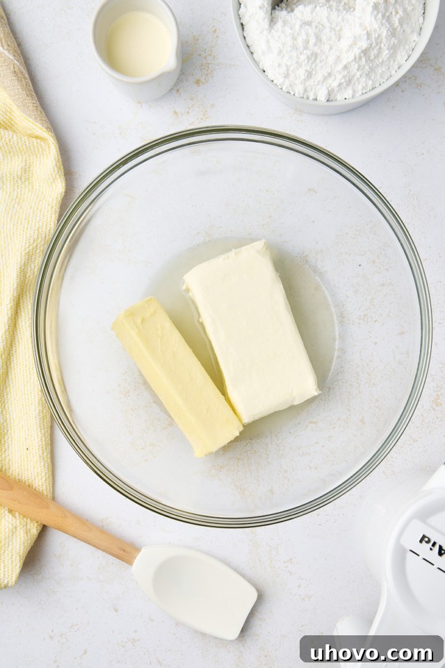 overhead view of cream cheese, butter, salt, and lemon juice in a mixing bowl