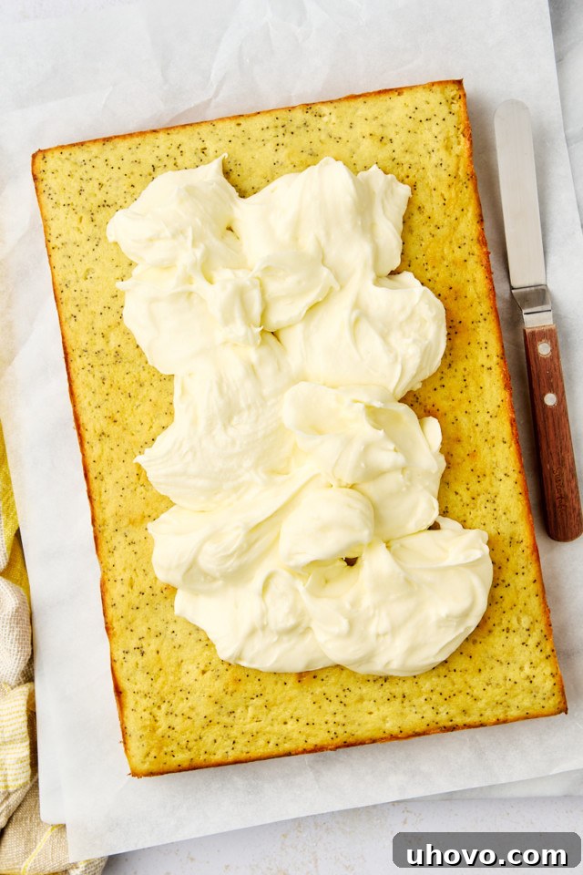 lemon poppy seed cake topped with dollops of frosting just before spreading onto the cake