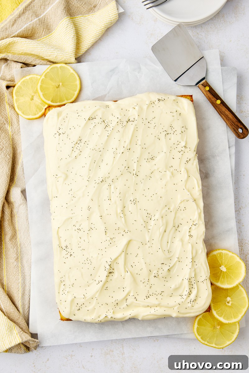 overhead view of frosted lemon poppy seed cake