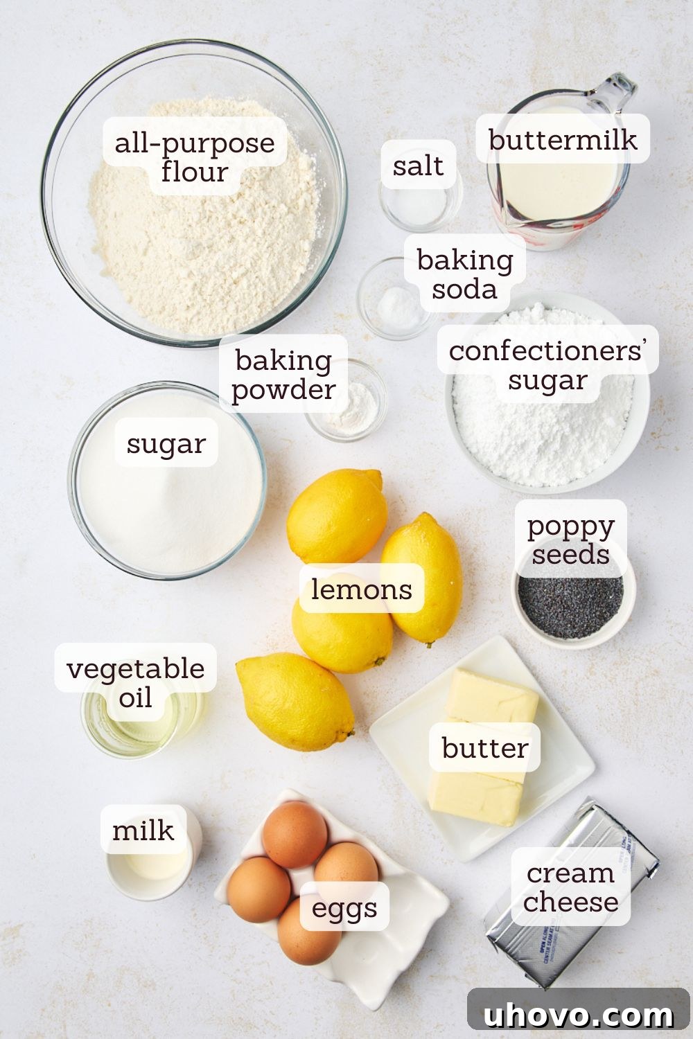 overhead view of ingredients for lemon poppy seed cake