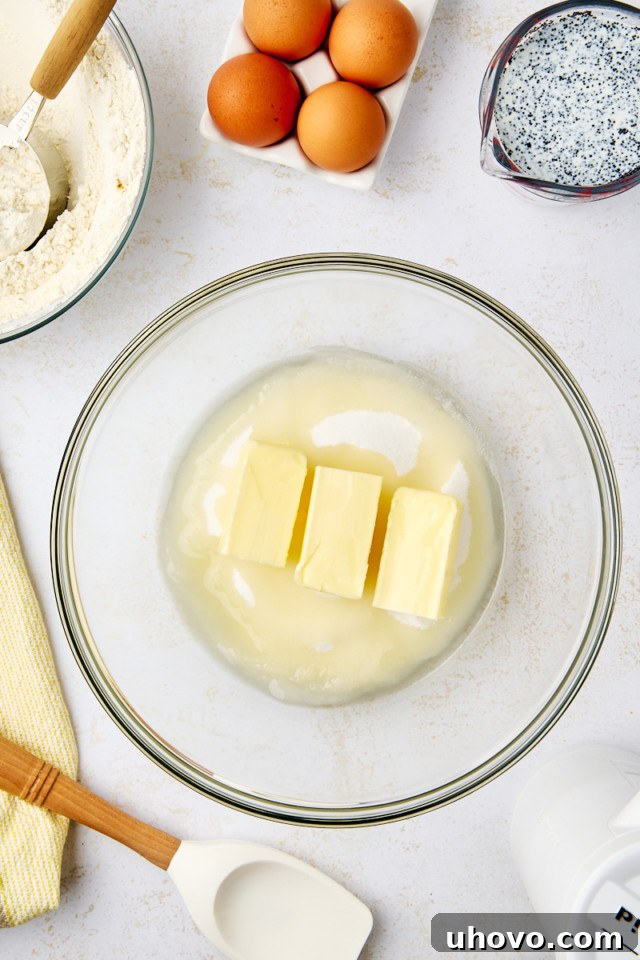 overhead view of butter, sugar, and vegetable oil in a mixing bowl