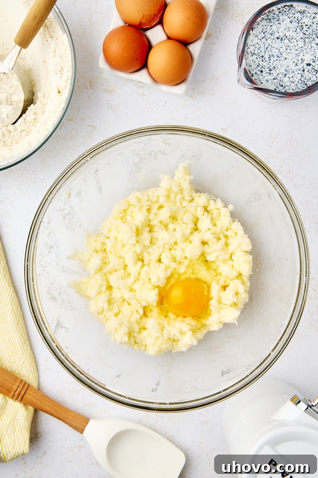 overhead view of egg added to creamed butter and sugar