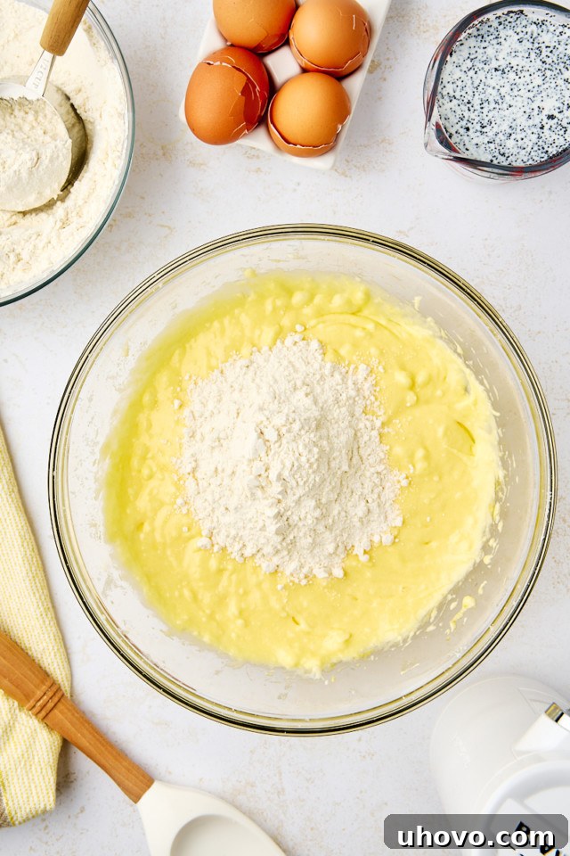 overhead view of dry ingredients added to lemon poppy seed cake batter