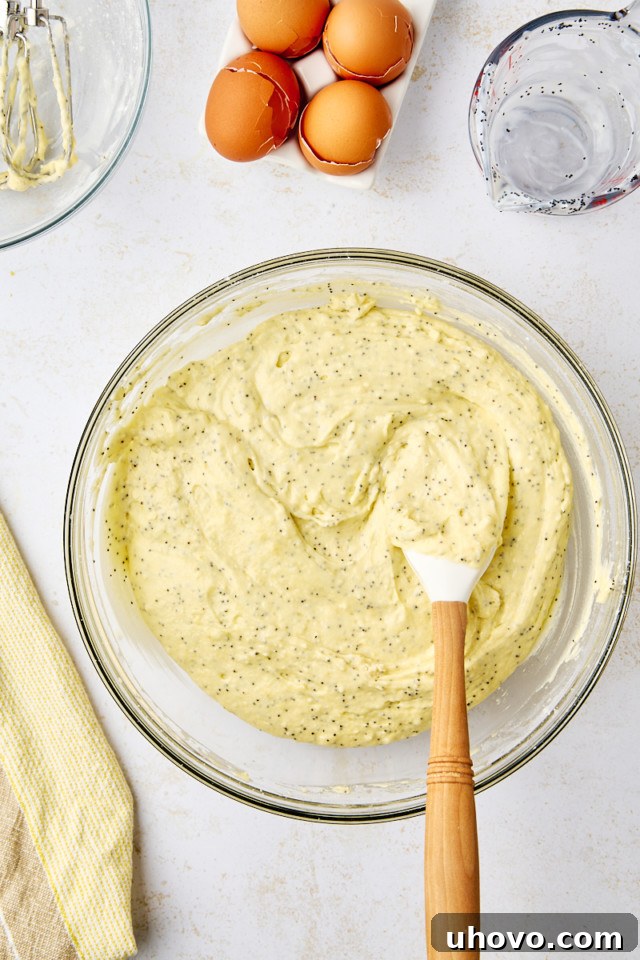 overhead view of lemon poppy seed cake batter in a mixing bowl