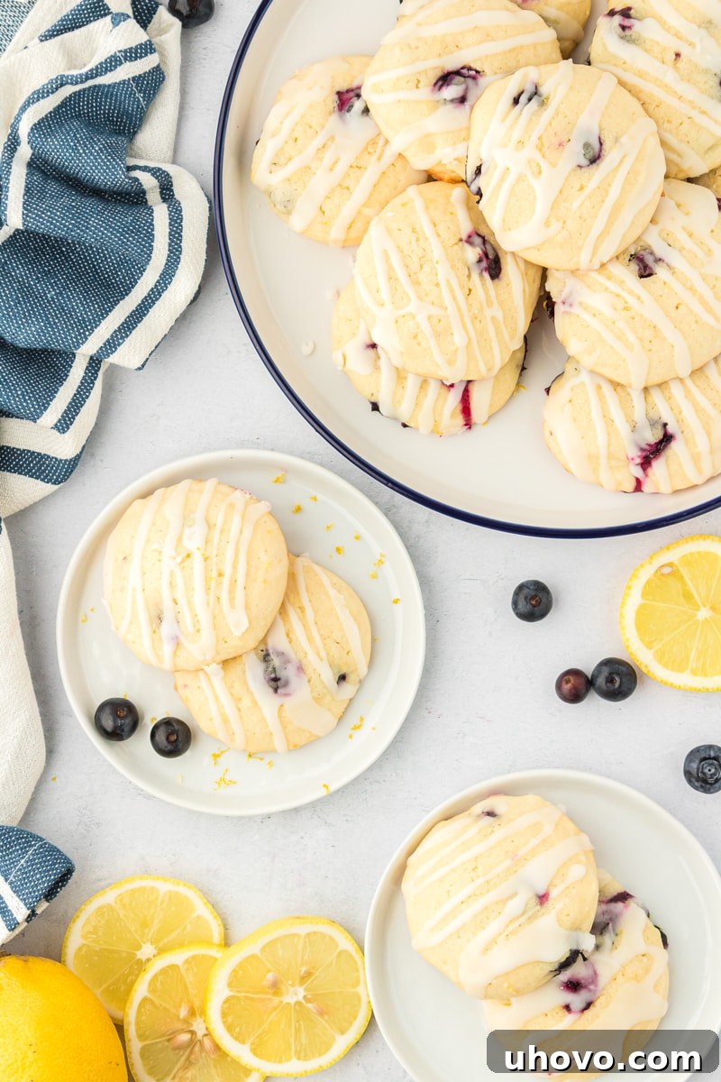 overhead view of lemon blueberry cookies on small white plates and on a large white serving plate