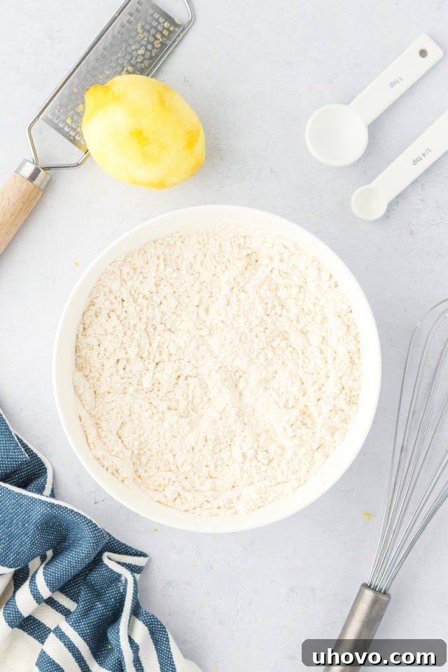 overhead view of mixed dry ingredients for lemon blueberry cookies
