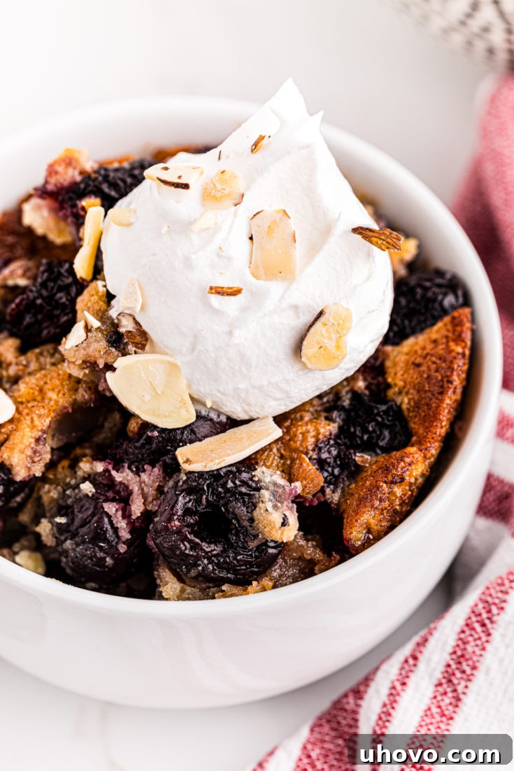 Top-down view of a fully baked brown butter cherry cobbler in a serving bowl, showcasing its golden crust and juicy fruit filling.