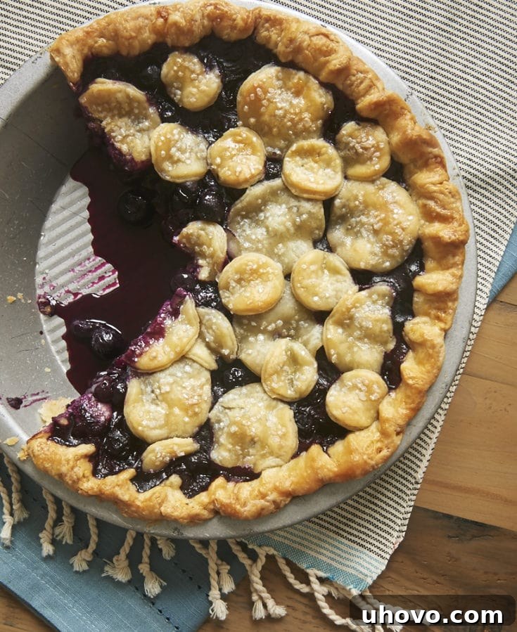 overhead view of Blueberry Ginger Pie in a metal pie plate