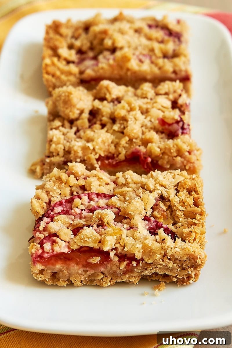 Three golden brown plum crumble bars resting on a pristine white plate, showcasing their inviting texture and rich color.