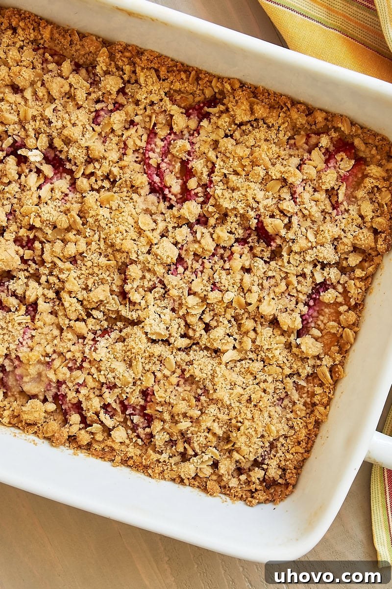 An overhead view of freshly baked plum crumble bars cooling in a white ceramic baking dish, showing the golden crumble topping and hints of purple plum underneath.