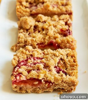 Three plum crumble bars on a white plate, ready to be served and enjoyed.