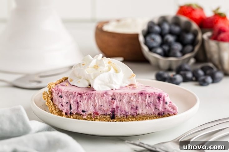 Slice of berry no-bake cheesecake on white plate, garnished