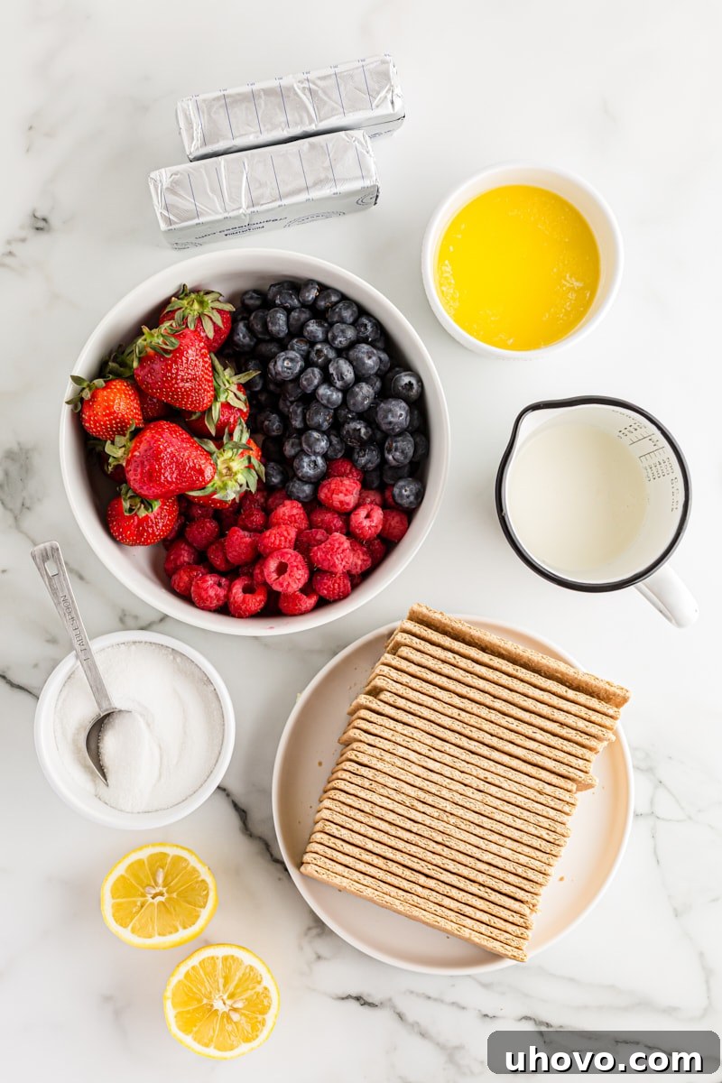 Overhead view of fresh ingredients for triple berry no-bake cheesecake laid out on a surface