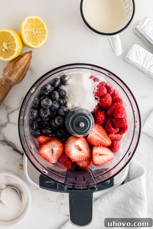 Overhead view of fresh mixed berries and granulated sugar in a food processor bowl