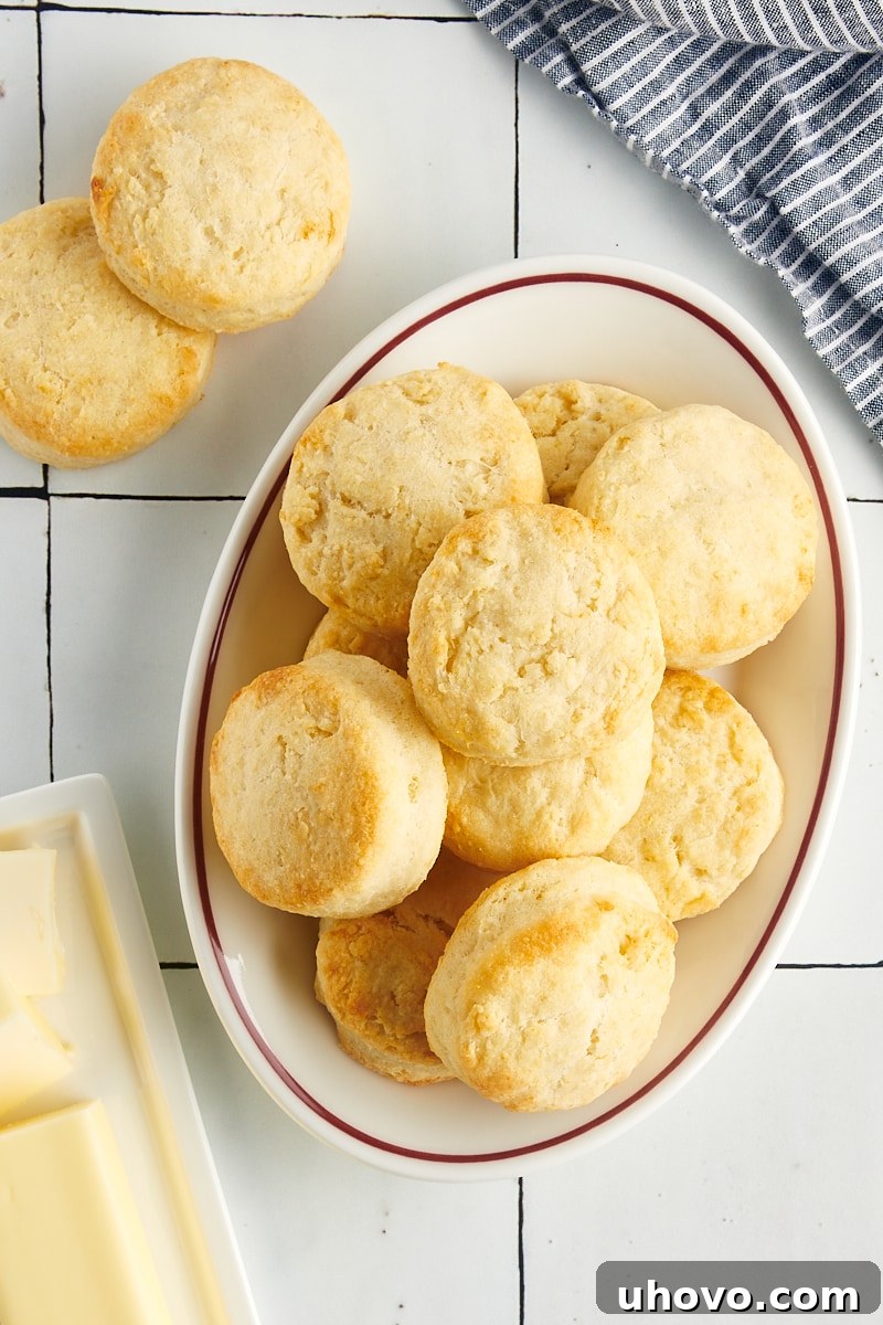 Overhead view of several cream biscuits artfully arranged on a serving platter, inviting guests to partake.