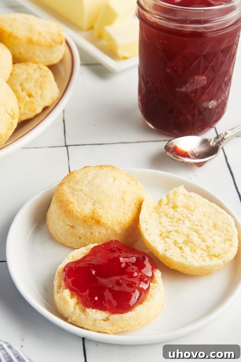 Two cream biscuits on a plate, one sliced open and generously covered with fruit jam.