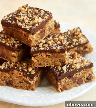 Chocolate Chip Ganache Blondies piled on a light blue and white plate