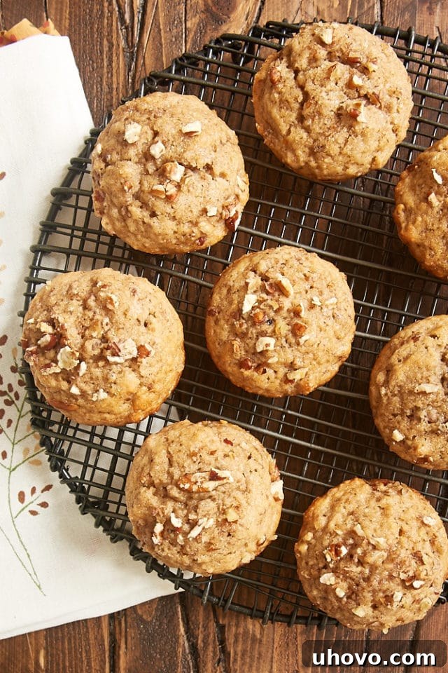 Overhead view of freshly baked Pecan Spice Muffins cooling on a wire rack, showcasing their golden tops and visible pecan pieces.