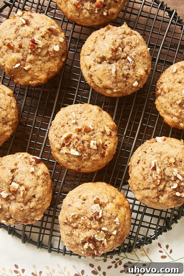 A cluster of warm Pecan Spice Muffins cooling on a wire rack, steam subtly rising, highlighting their fresh-baked appeal.