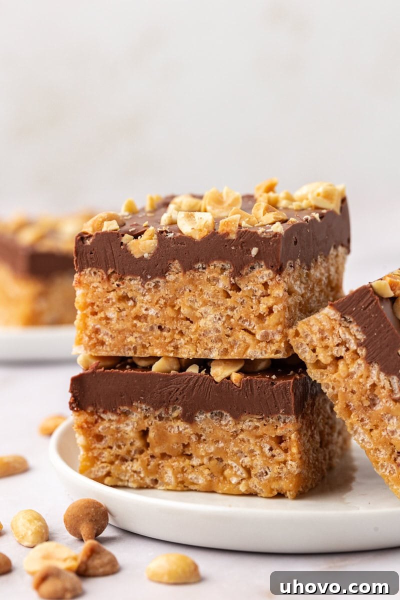 A perfectly stacked pair of chocolate peanut butter rice crispy treats presented on a simple white plate, ready to be enjoyed.