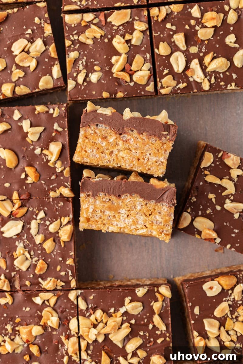 An overhead view of numerous chocolate peanut butter rice crispy treats, with some artfully turned on their sides to display their distinct, delicious layers.
