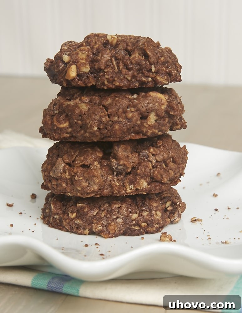 A stack of four gourmet chocolate monster cookies, generously stuffed with cashews and chocolate chips, presented beautifully on a plate.