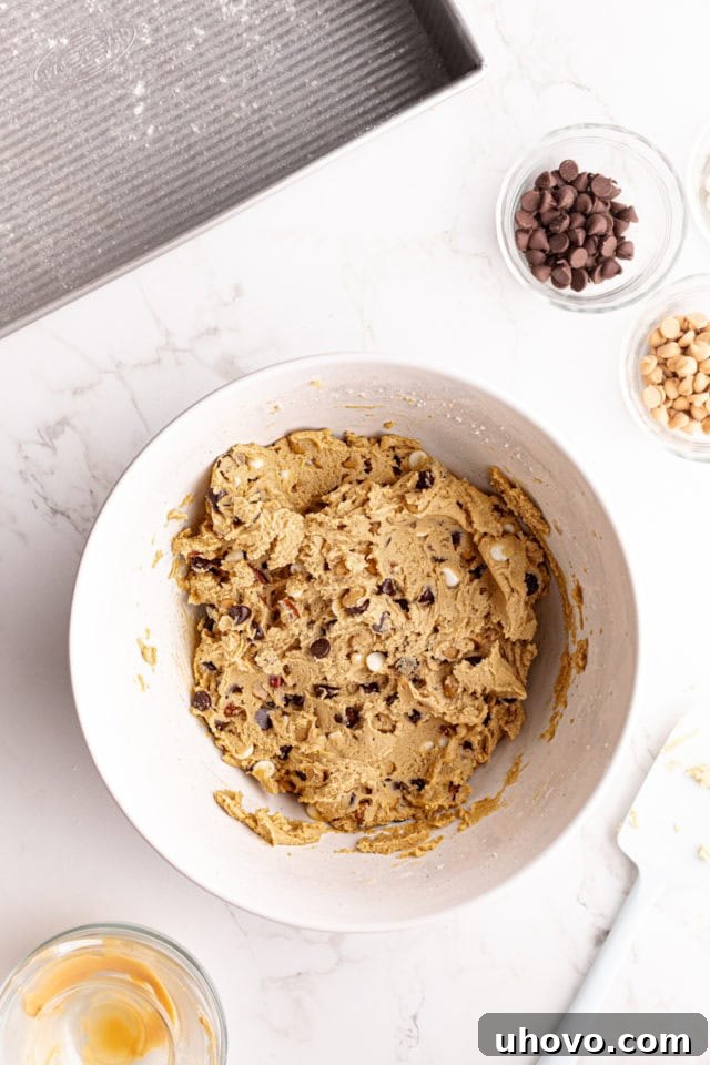 Peanut butter mud bar dough in mixing bowl