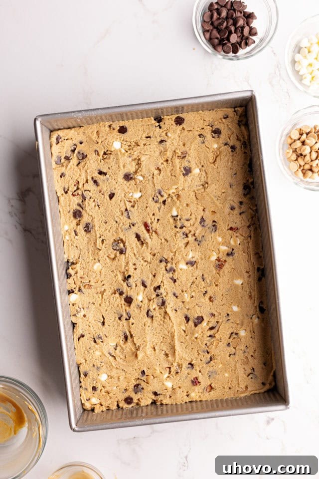 Peanut butter mud bars in pan before baking