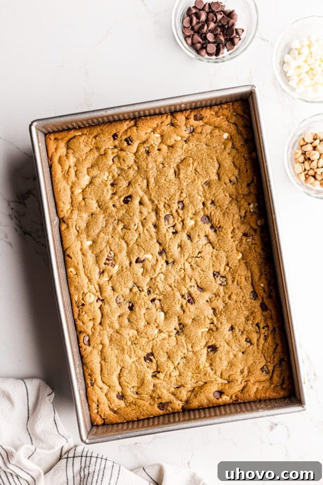 Overhead view of baked peanut butter mud bars before adding toppings