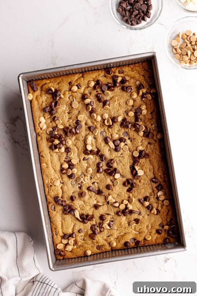 Overhead view of chocolate and peanut butter chips melting on warm mud bars