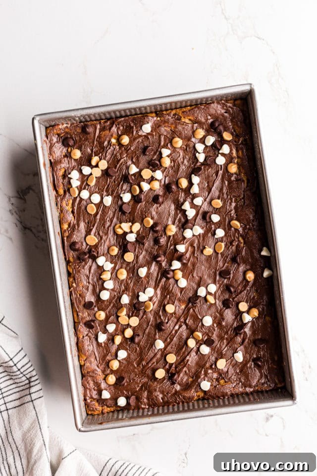 Overhead view of peanut butter mud bars in pan