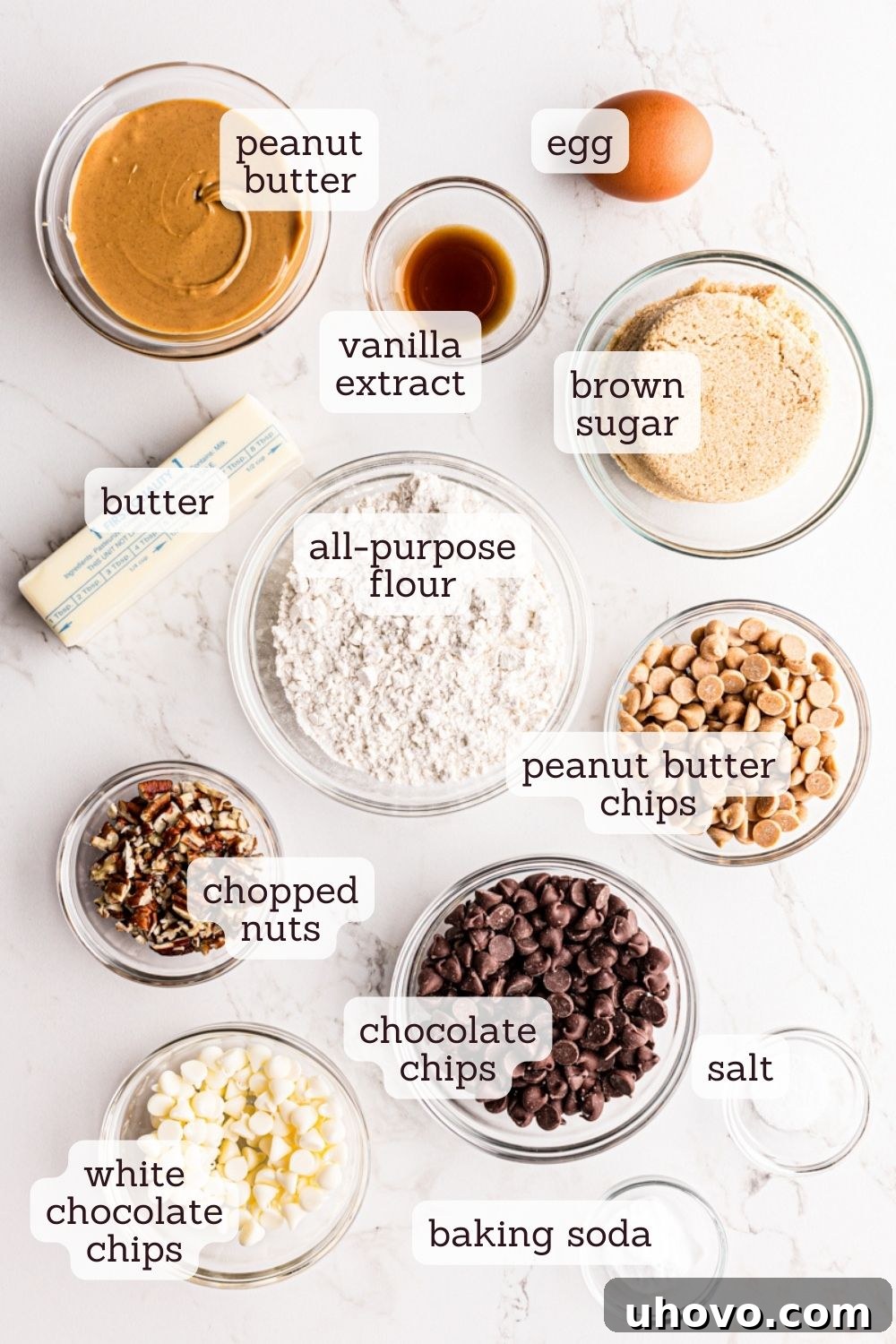 Overhead view of ingredients for peanut butter mud bars with labels