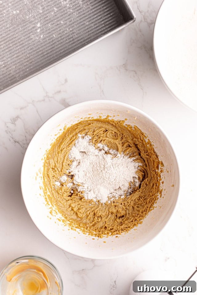 Dry ingredients added to wet ingredients in mixing bowl