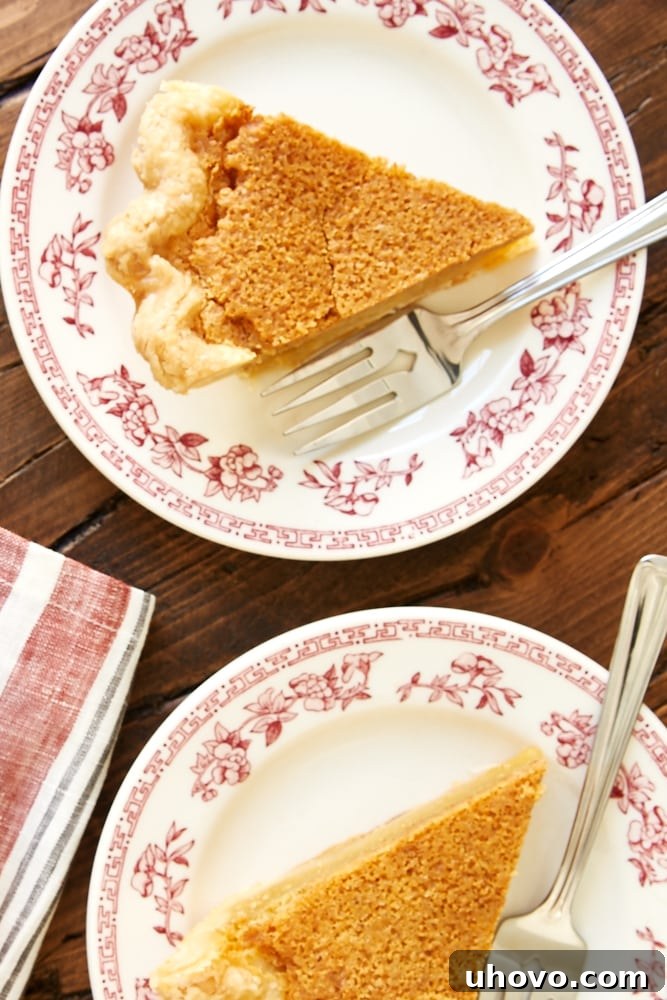 overhead view of two luscious slices of Brown Butter Chess Pie on elegant red floral-rimmed white plates, showing the golden-brown crust and smooth, rich filling