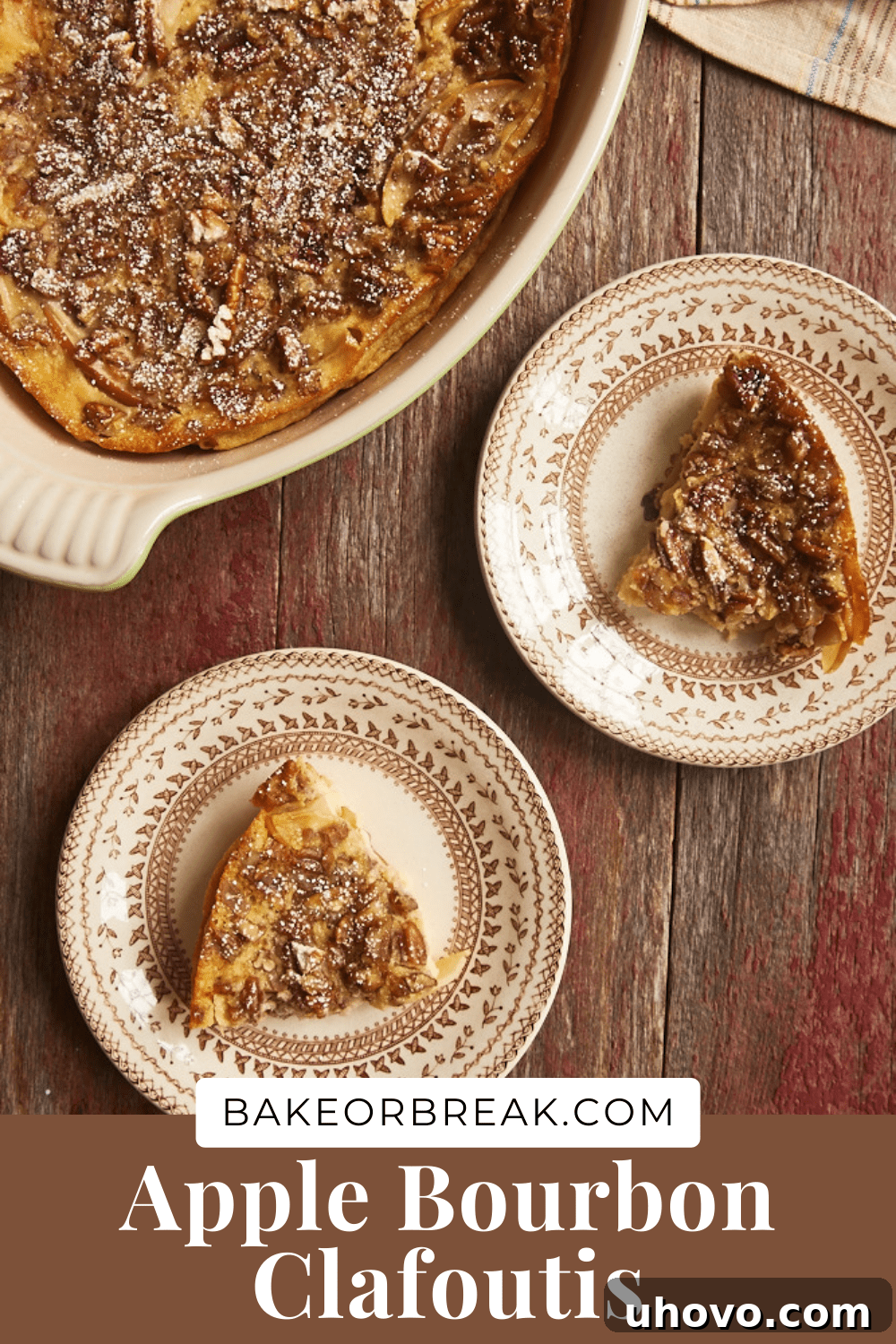 A final banner image featuring the Apple Bourbon Clafoutis, encouraging readers to explore more recipes on Bake or Break, highlighting the beauty of fall baking