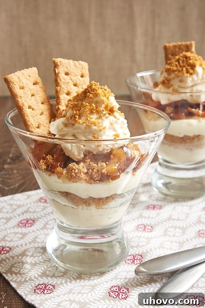 No-Bake Apple Cheesecakes served in individual tapered glasses, showcasing beautiful layers
