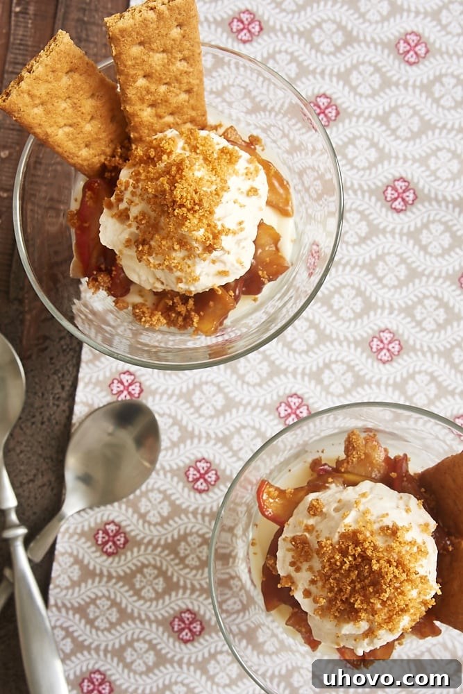 Overhead view of individual No-Bake Apple Cheesecakes on a gray and red printed fabric, highlighting the presentation