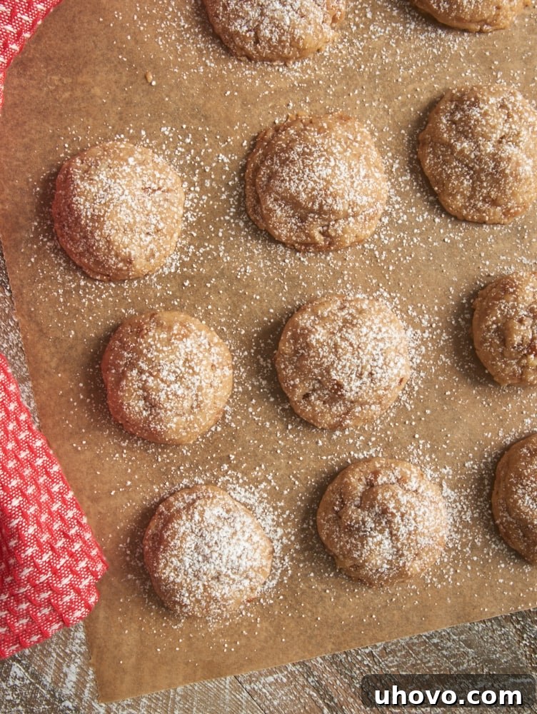 Close-up of Toffee Pecan Snowdrop Cookies generously sprinkled with confectioners' sugar, showcasing their delicate texture.