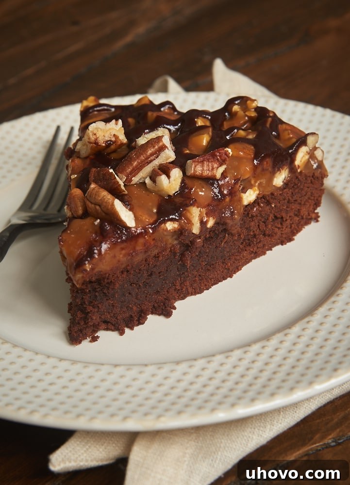 Decadent Caramel Pecan Brownie Cake with rich layers of chocolate, gooey caramel, and crunchy pecans – a truly irresistible dessert.