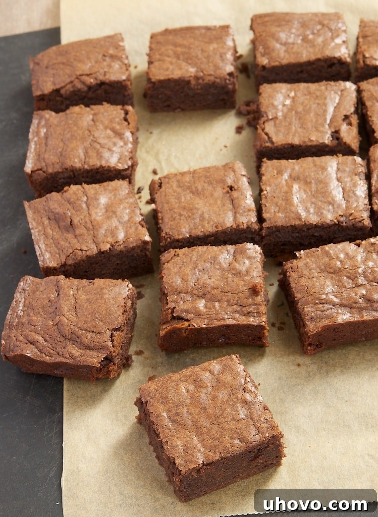 Classic Fudgy Brownies, perfectly sliced and arranged on parchment paper