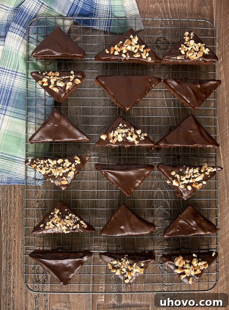 Overhead view of rich Chocolate Ganache Brownies cooling on a wire rack
